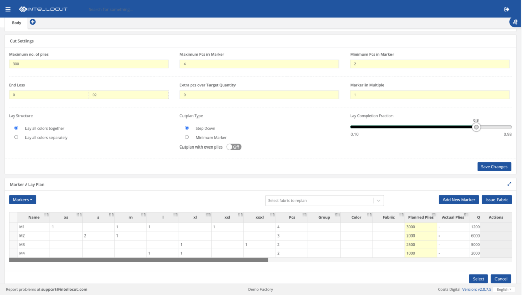 Screenshot of IntelloCut's Cut plan module