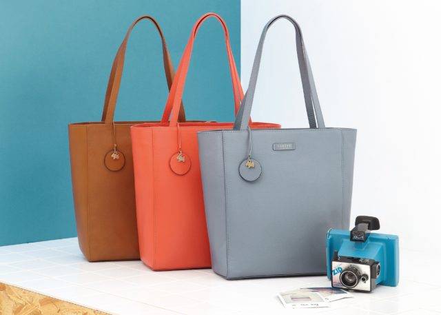 Túi xách Radley màu nâu, đỏ và xanh lam được trưng bày trên phông nền trắng và xanh lam với máy ảnh