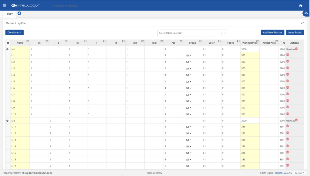Coats Digital IntelloCut解决方案中铺设平面图模块的屏幕截图