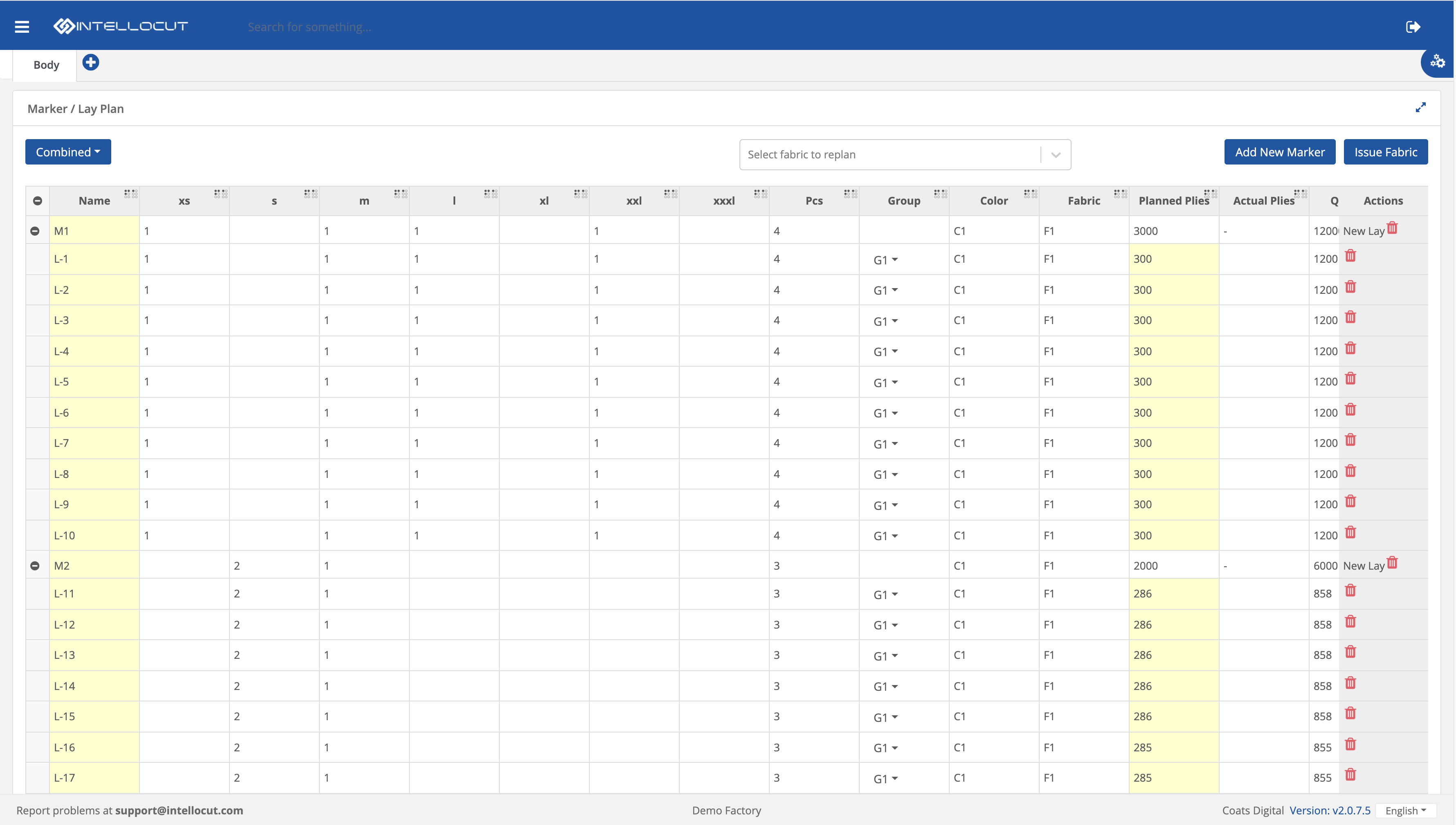 Screenshot of lay plan module in Coats Digital's IntelloCut solution