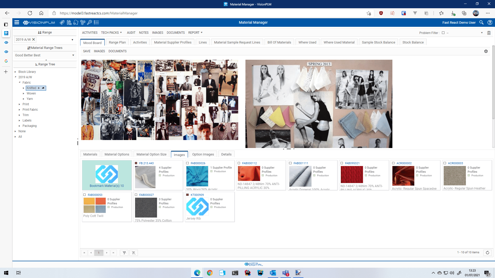 Screenshot of material management in Coats Digital's VisionPLM solution