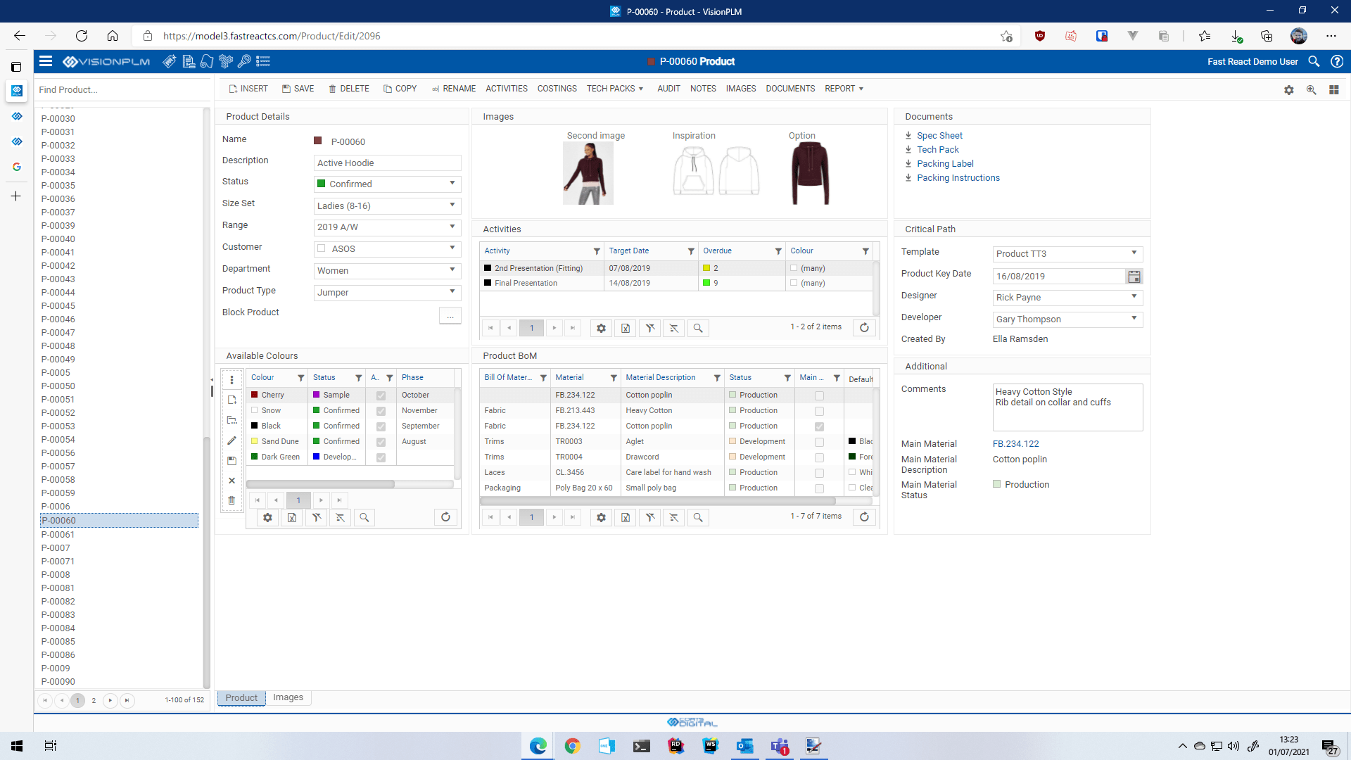 Screenshot of product development module in Coats Digital's VisionPLM solution