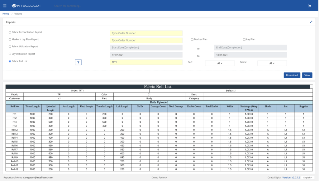 Screenshot of roll tracking in Coats Digital's IntelloCut solution