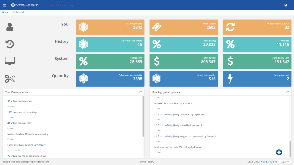 Screenshot of dashboard in Coats digital's IntelloCut solution
