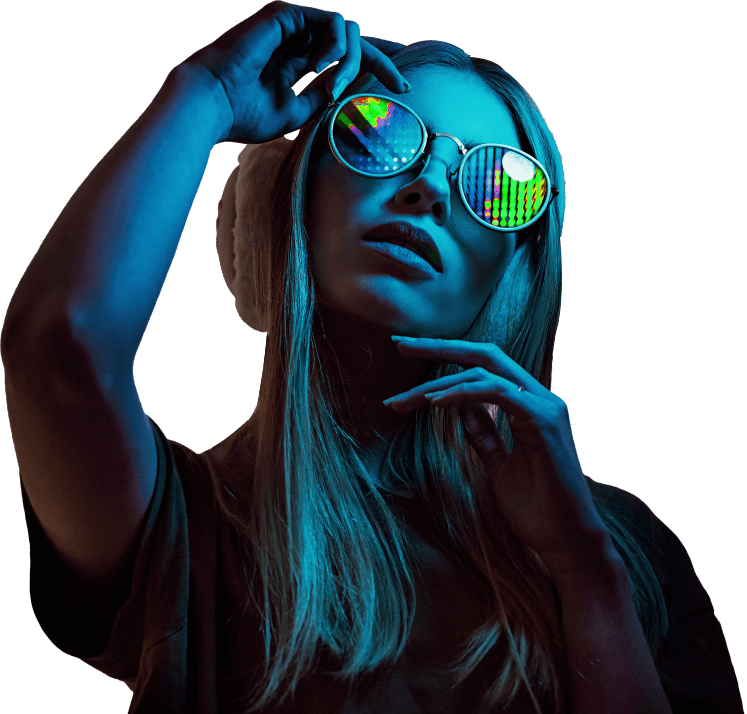 Futuristic female model wearing headphones and sunglasses