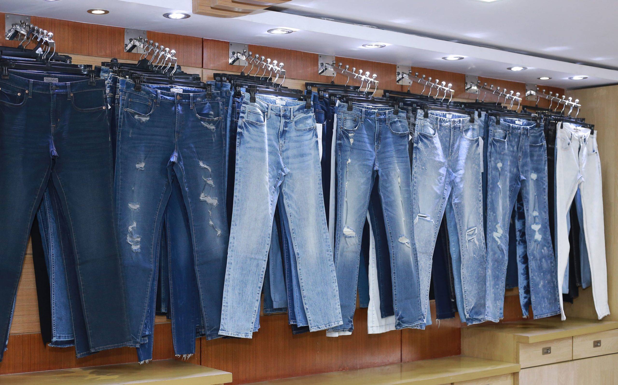 Denim jeans in a garment factory showroom