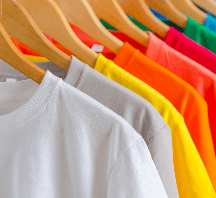  A line of colourful t-shirts