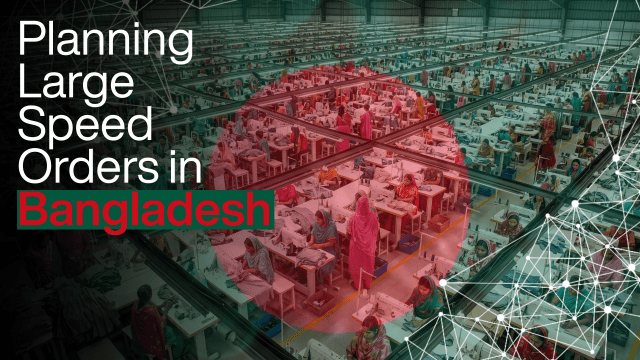 Banner titled 'Planning Large Speed Orders in Bangladesh' featuring an aerial view of a large garment factory floor with many workers operating sewing machines, overlaid with digital network patterns