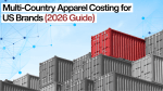Banner for Coats Digital titled 'Multi-Country Apparel Costing for US Brands (2026 Guide)' featuring a red shipping container stacked among grey containers with a digital network overlay.