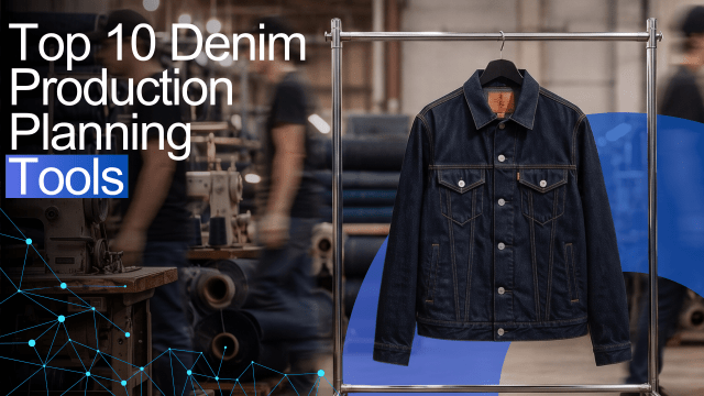 Banner titled 'Top 10 Denim Production Planning Tools' featuring a dark denim jacket hanging on a metal rack in a factory setting with a blue network overlay.