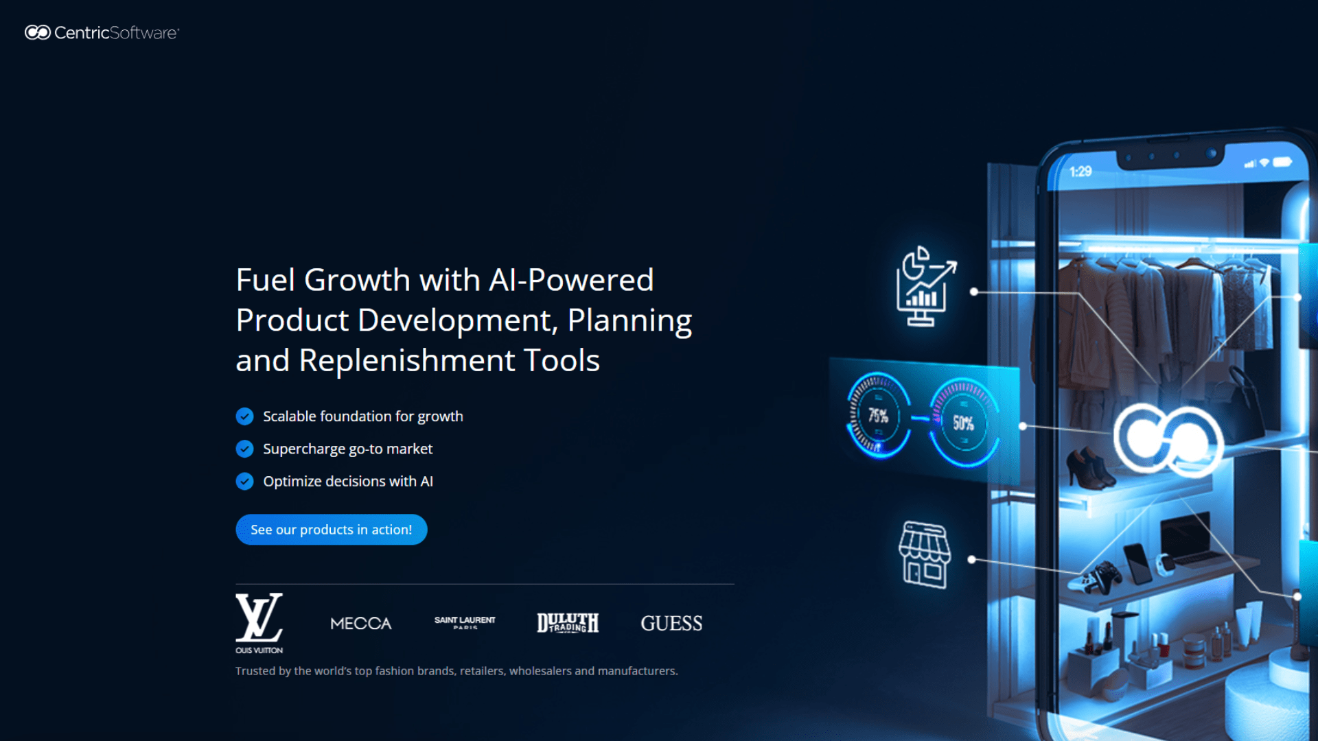Centric Software webpage showcasing AI-powered product development, planning, and replenishment tools, with a futuristic retail display featuring fashion and consumer products.
