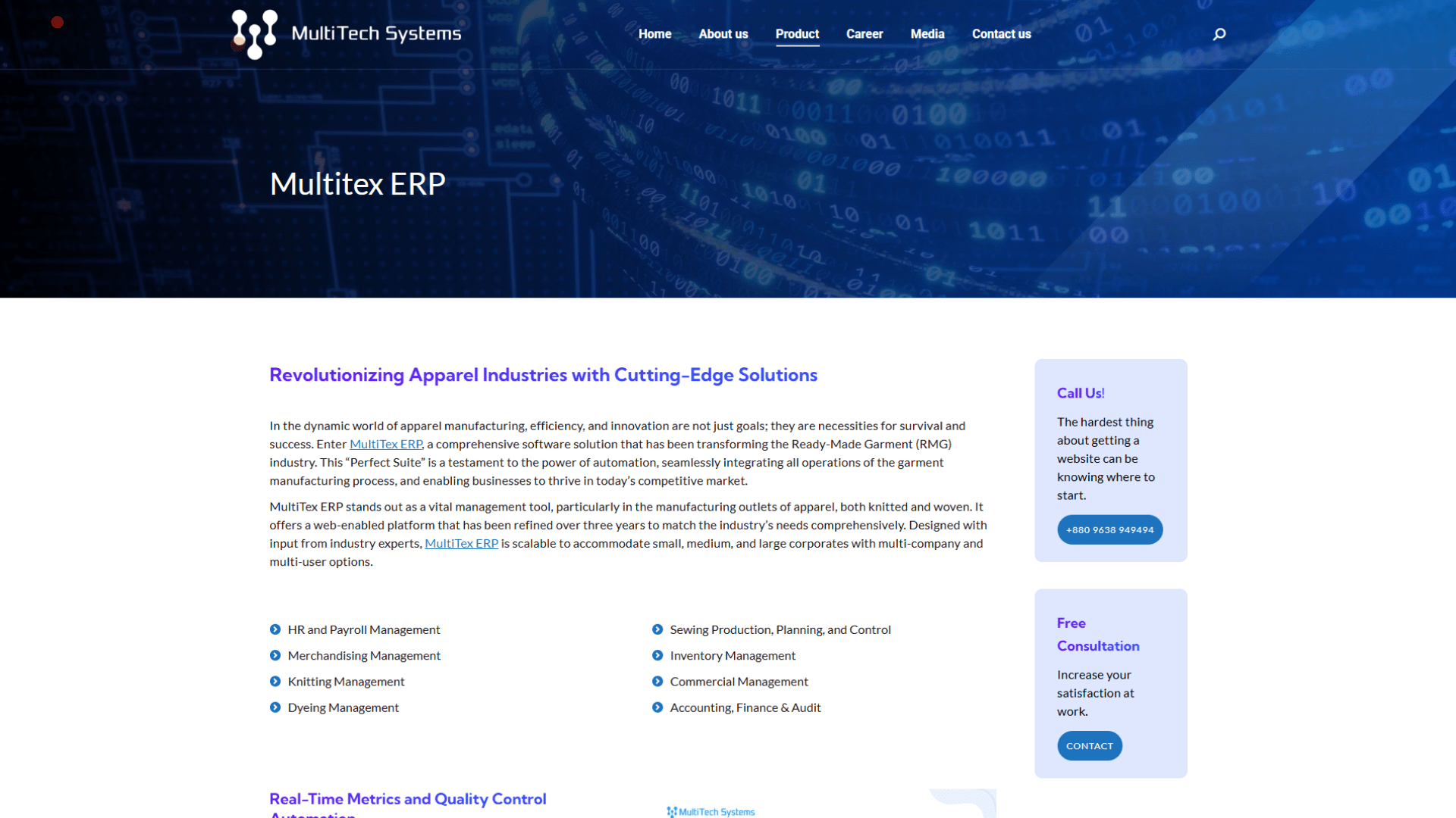 A screen capture of the MultiTech Garments ERP / Planner website homepage