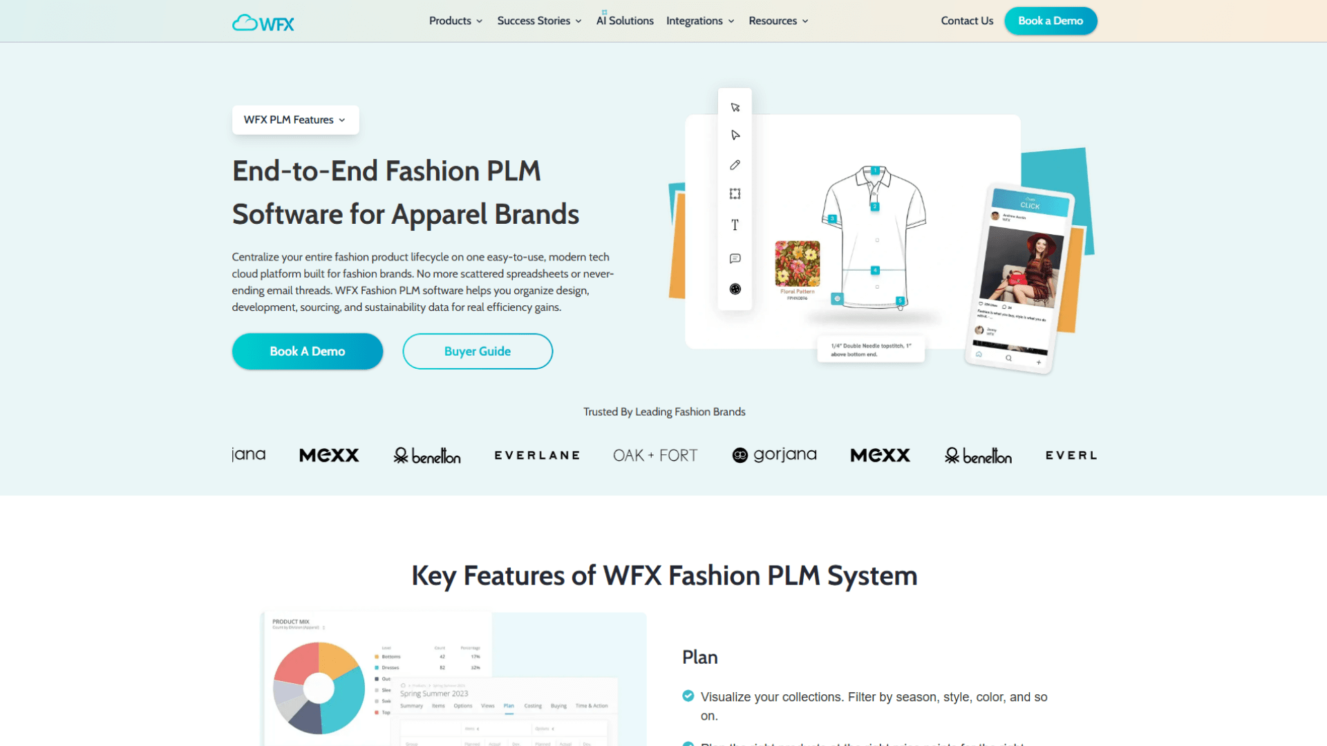 WFX Fashion PLM software webpage showcasing end-to-end product lifecycle management for apparel brands, with a digital garment design interface, mobile collaboration tools, and product planning analytics.