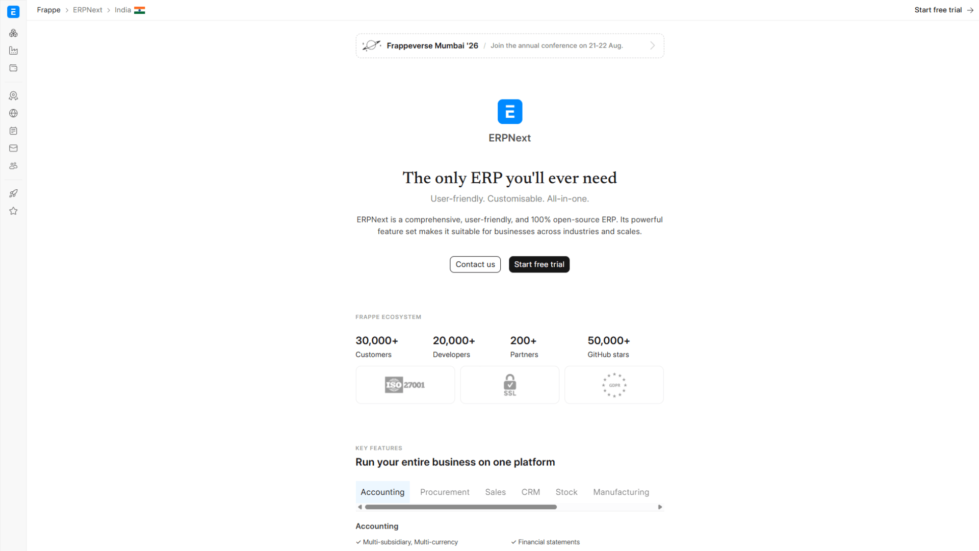 A screen capture of the ERPNext (Frappe) website homepage