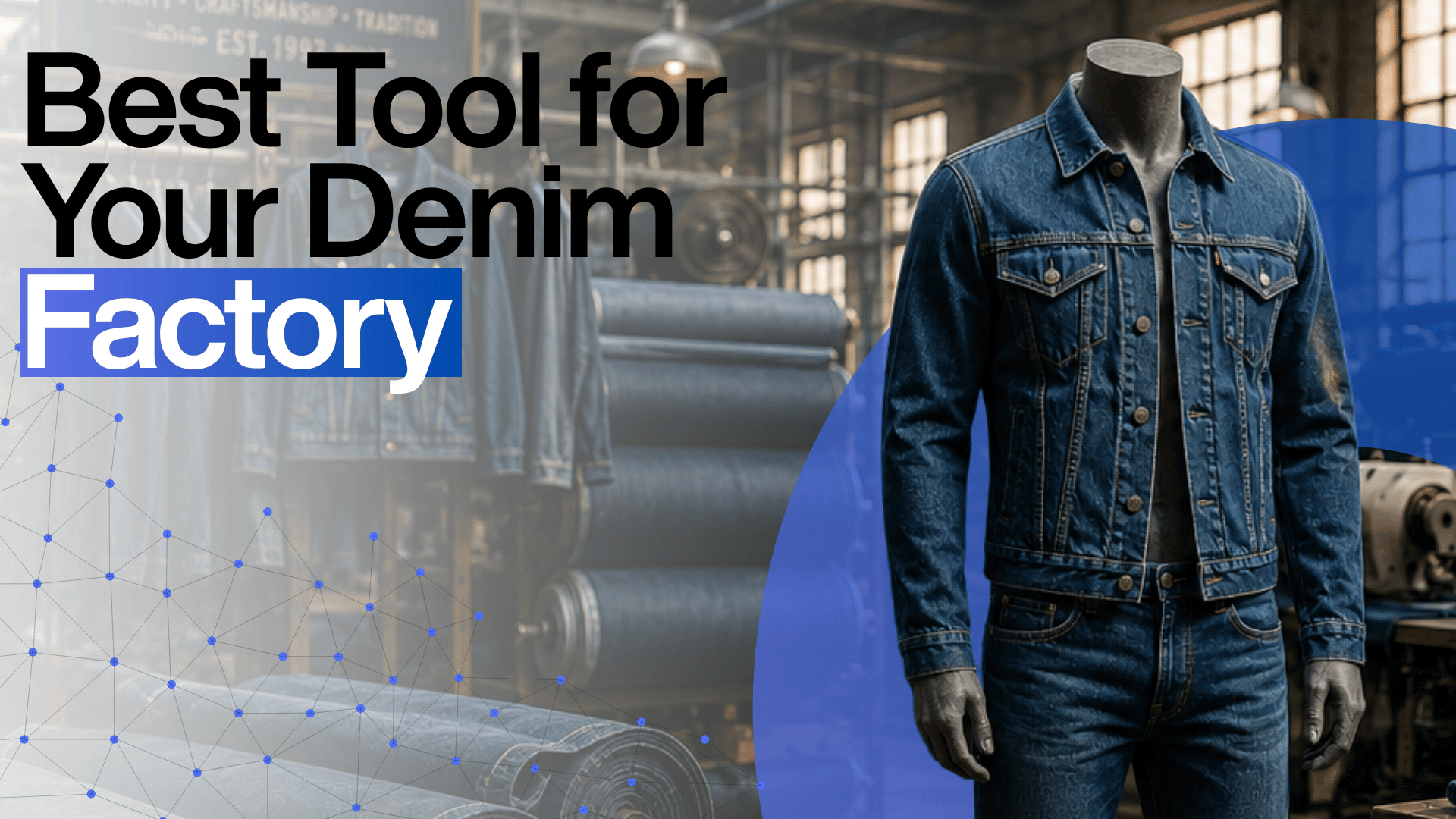 Banner titled 'Best Tool for Your Denim Factory' featuring a denim jacket and jeans displayed on a mannequin in a factory with denim rolls and a blue network graphic.
