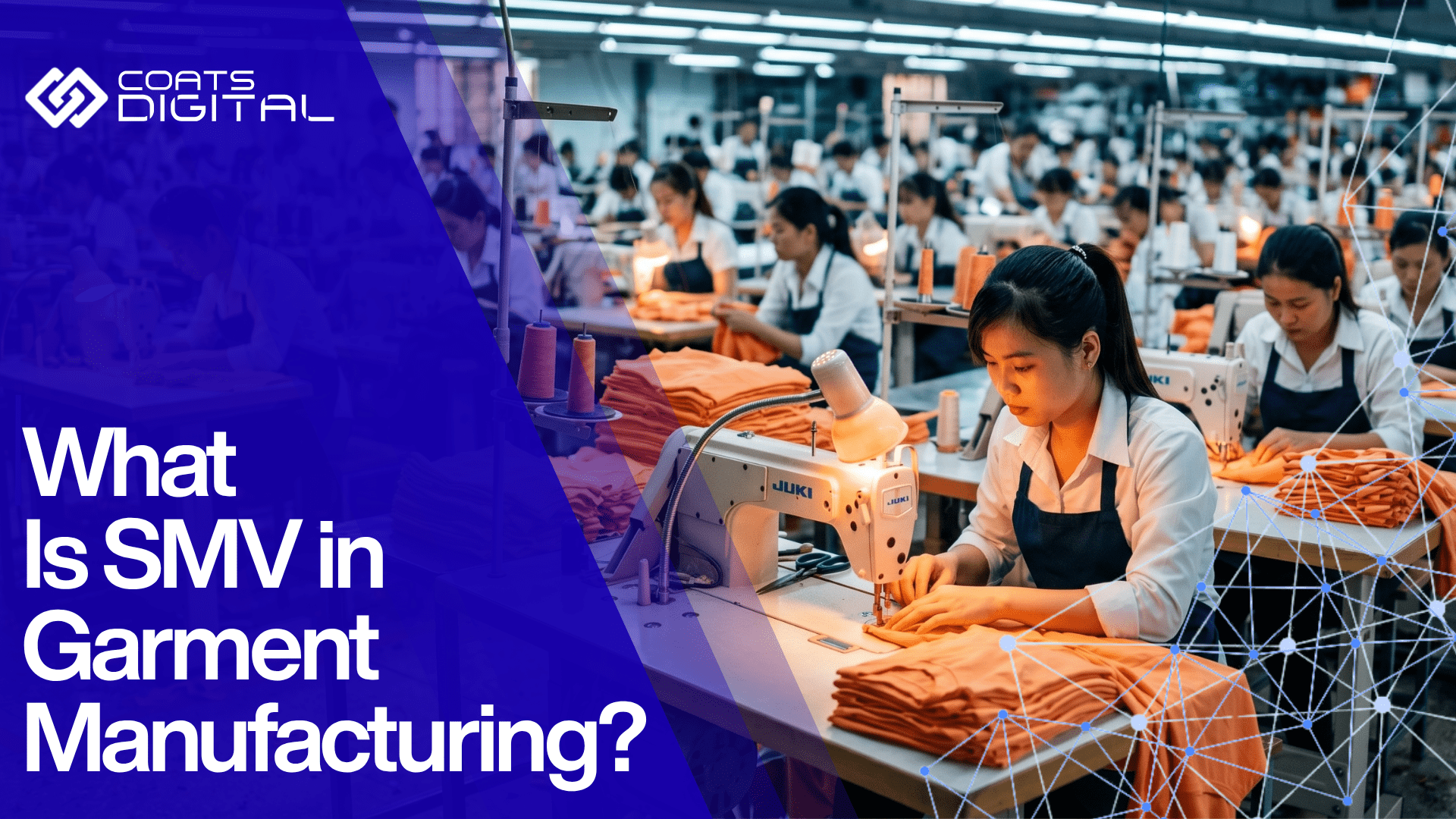 Banner for Coats Digital titled 'What Is SMV in Garment Manufacturing?' featuring a garment worker operating a sewing machine on a factory floor with stacks of clothing and a digital network overlay.