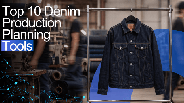 Banner titled 'Top 10 Denim Production Planning Tools' featuring a dark denim jacket hanging on a metal rack in a factory setting with a blue network overlay.