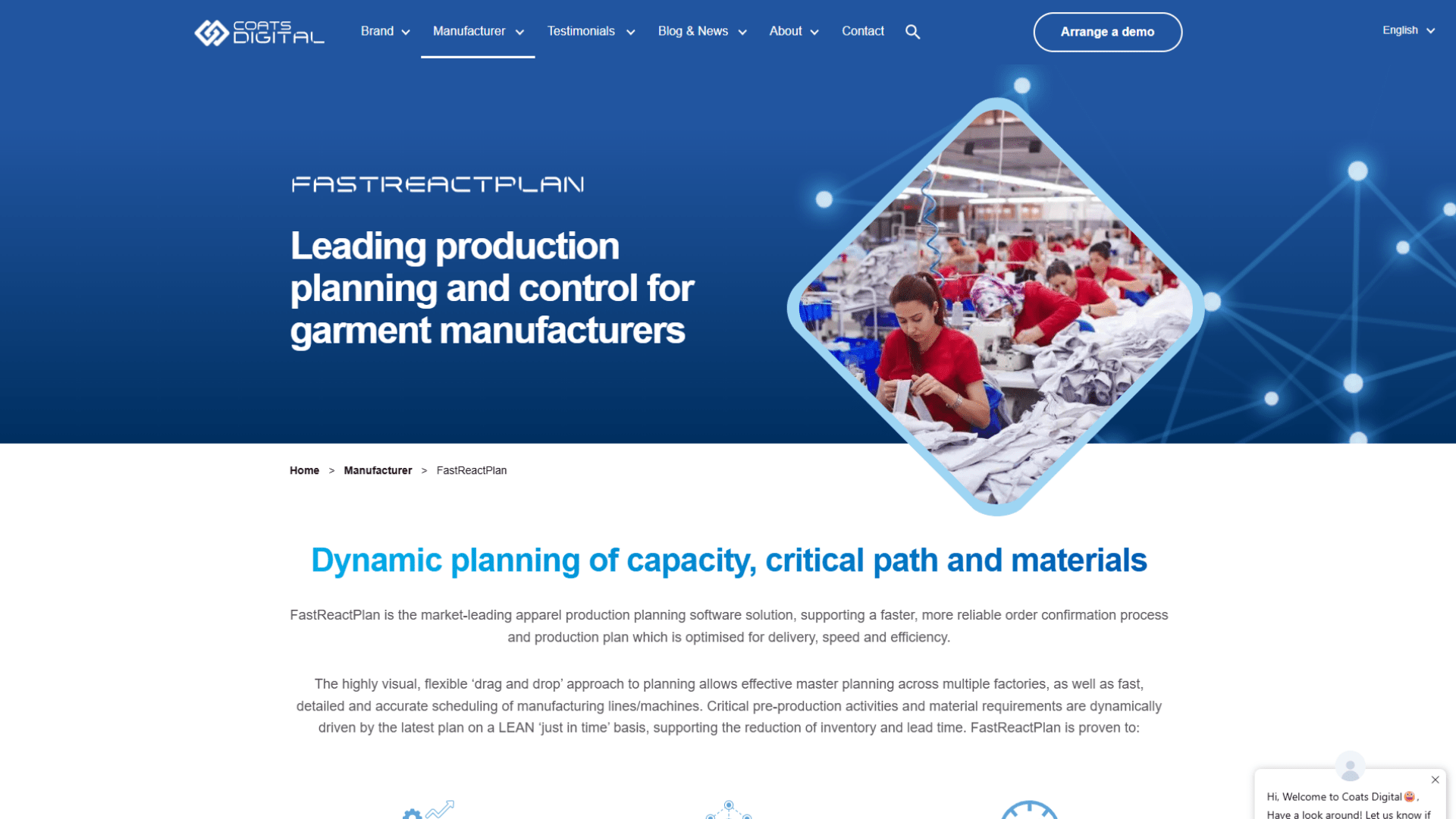 FastReactPlan webpage featuring the headline "Leading production planning and control for garment manufacturers", a garment factory image, digital network graphics, and the Coats Digital branding.