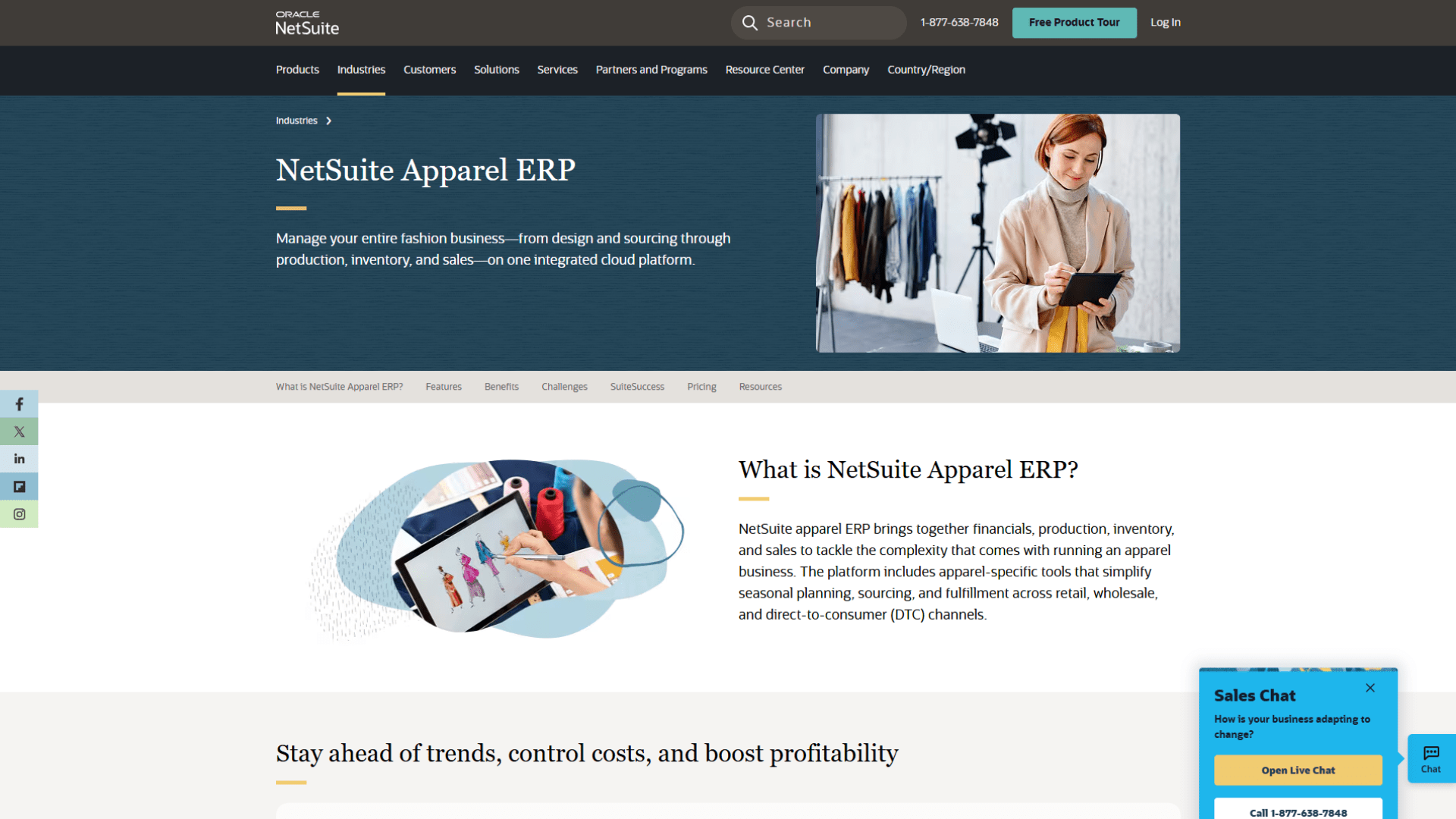 Screenshot of the NetSuite Apparel ERP webpage showing fashion business management features, including design, sourcing, production, inventory, sales, and an apparel-focused ERP overview.