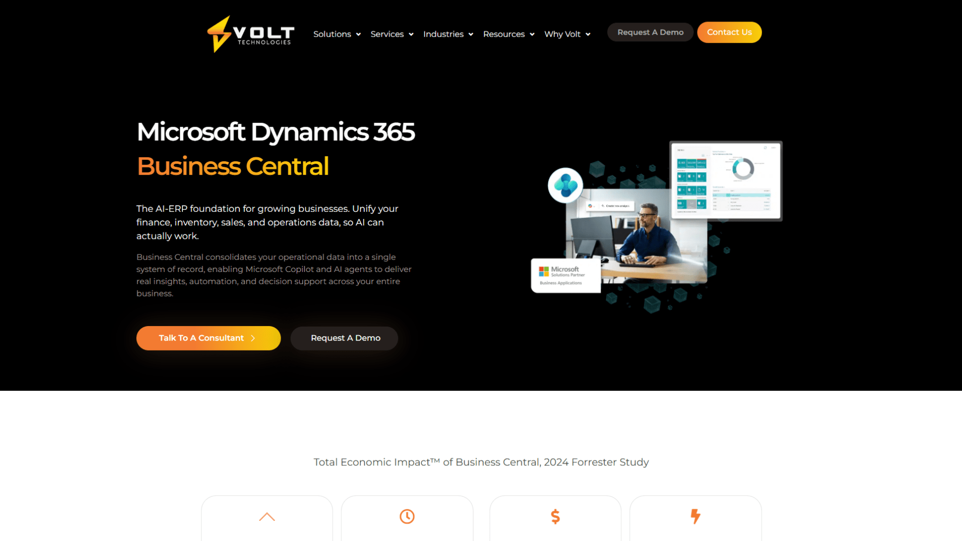 A screen capture of the Microsoft Dynamics 365 Business Central  website homepage