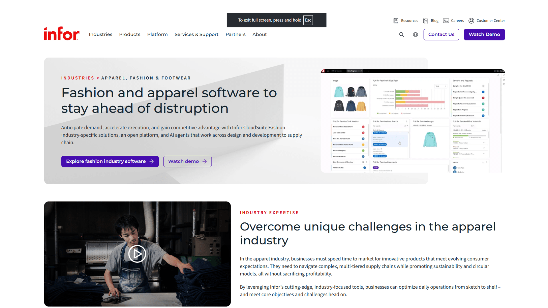 Infor fashion and apparel software webpage highlighting CloudSuite Fashion, with a supply chain management dashboard and an apparel industry image showing garment production.