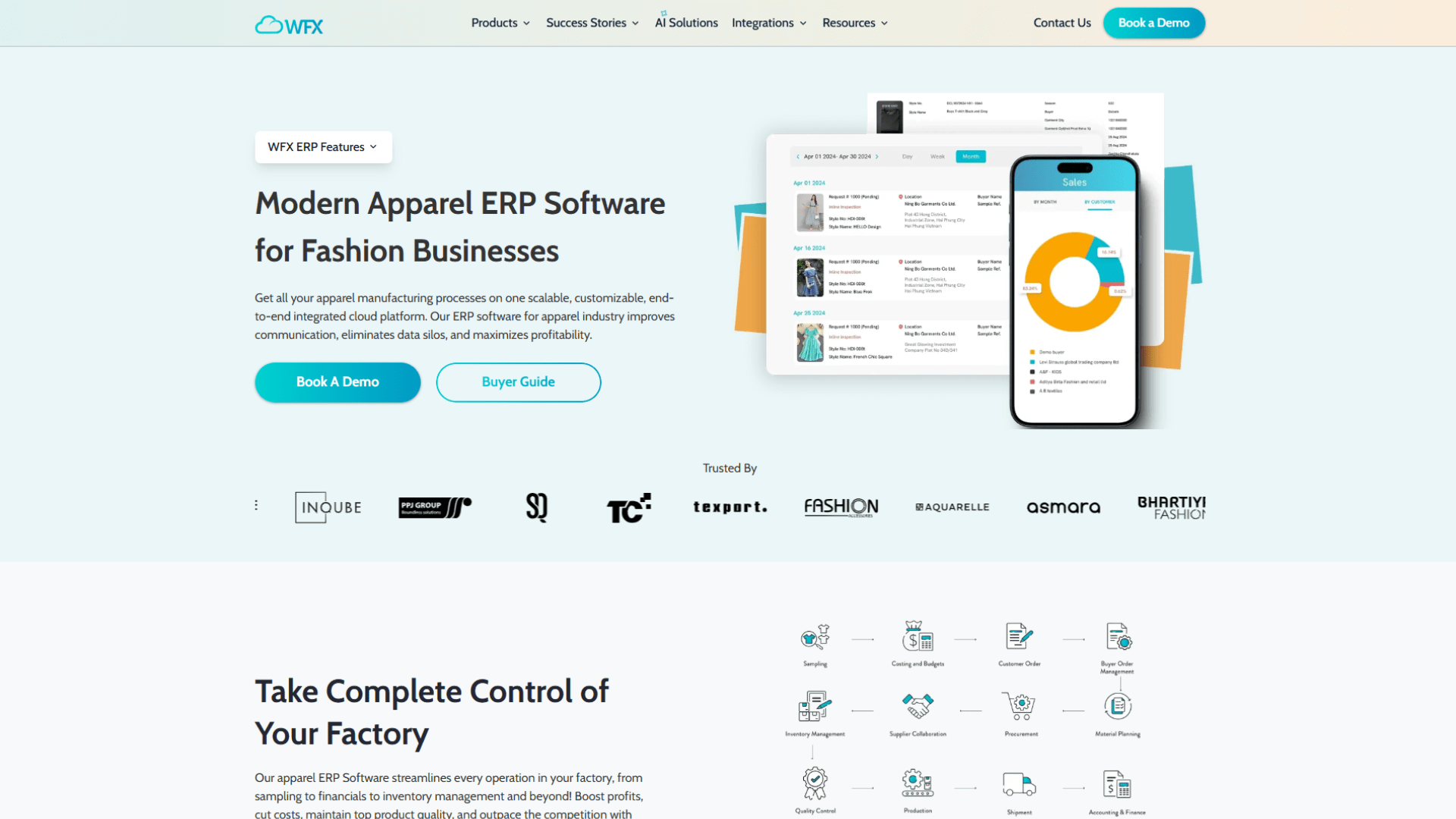 WFX modern apparel ERP software webpage showcasing fashion business management features, sales analytics on a smartphone, and an integrated platform for factory operations, inventory, production, procurement, and financial management.