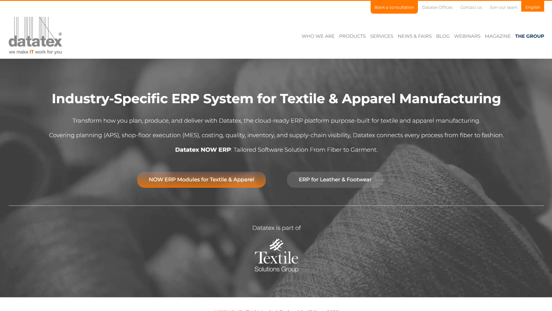 A screen capture of the Datatex NOW ERP website homepage
