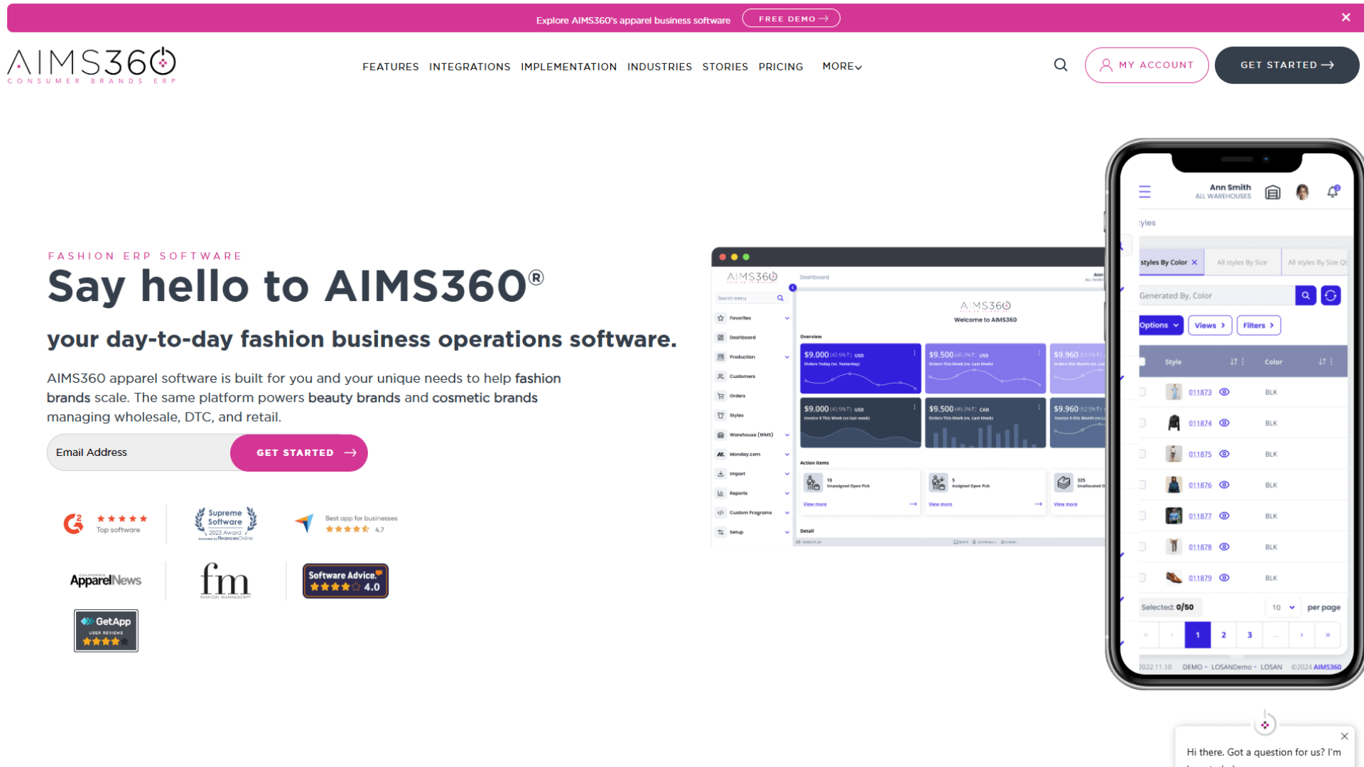 AIMS360 fashion ERP software webpage showcasing a business management dashboard on a desktop screen and mobile app interface for managing apparel styles, orders, inventory, and day-to-day fashion operations.