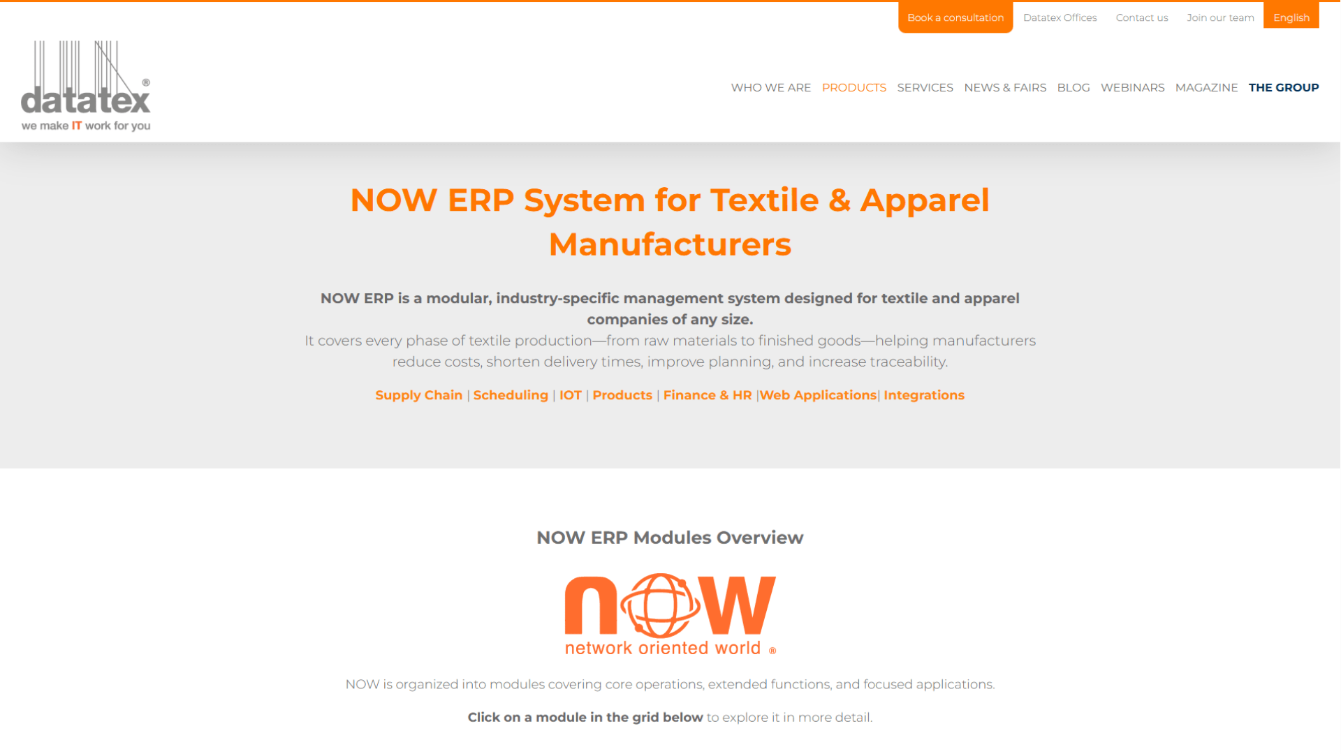 Datatex NOW ERP webpage featuring an industry-specific ERP system for textile and apparel manufacturers, with modules for supply chain, scheduling, IoT, finance, HR, web applications, and integrations.