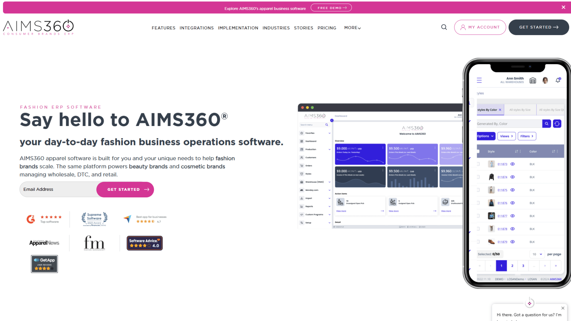 AIMS360 fashion ERP software webpage showcasing a business management dashboard on a desktop screen and mobile app interface for managing apparel styles, orders, inventory, and day-to-day fashion operations. 