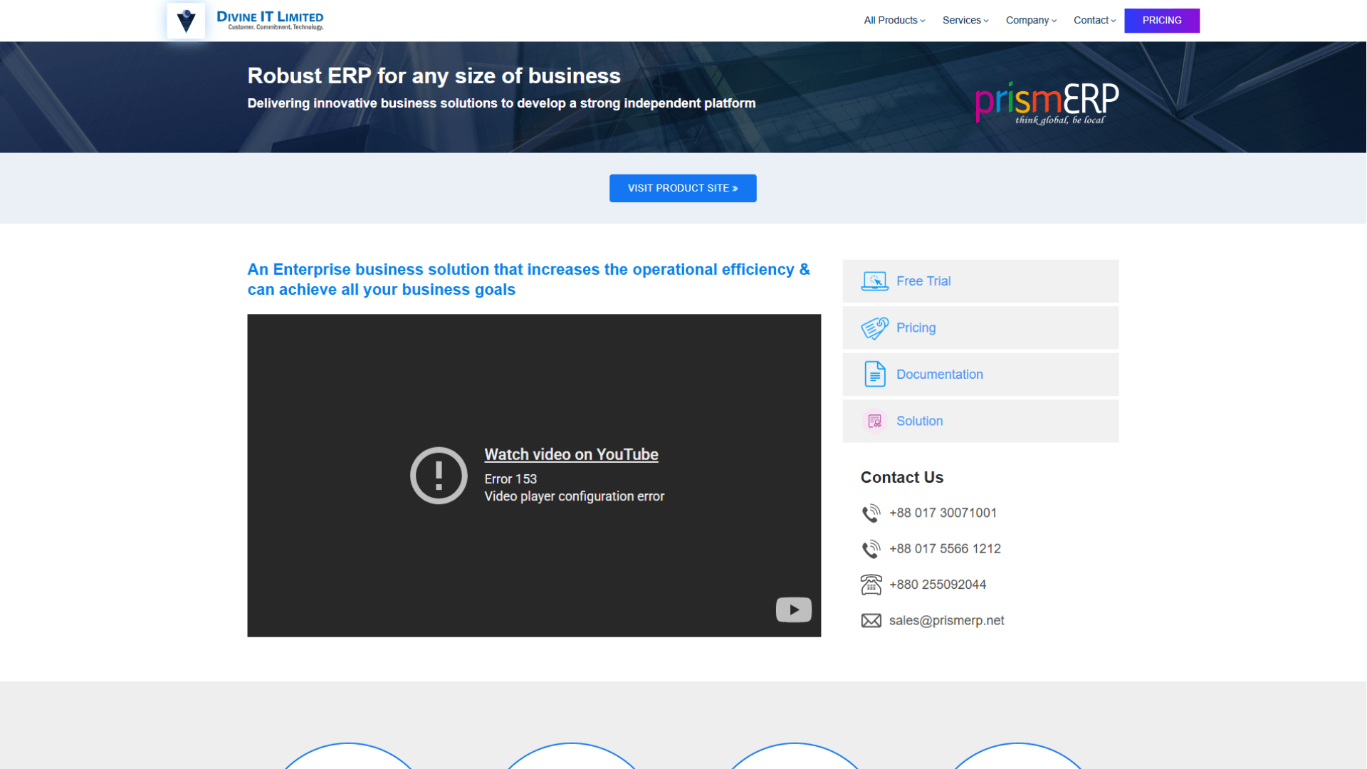 A screen capture of the PrismERP (Divine IT Limited)homepage