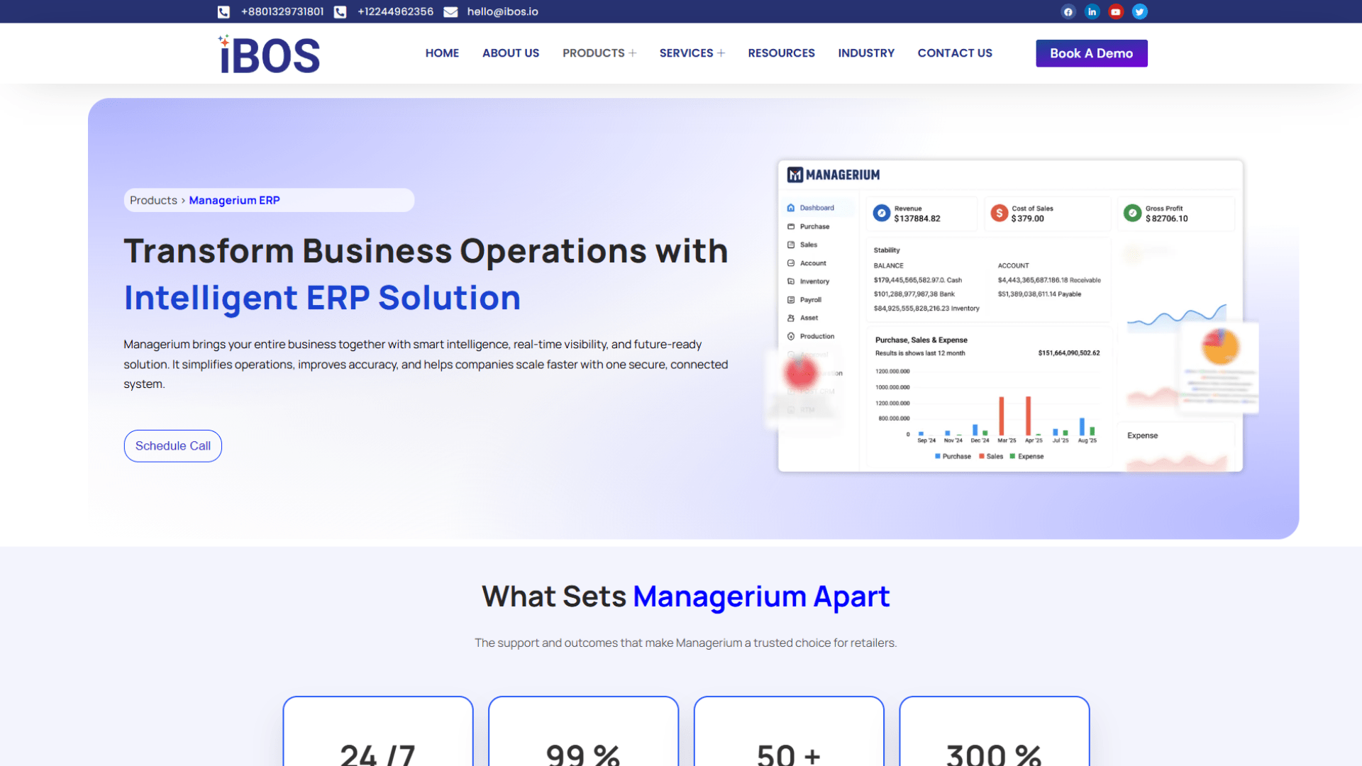 A screen capture of the iBOS Managerium ERP website homepage