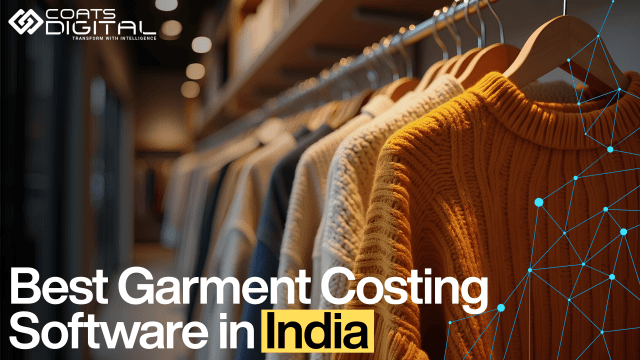 Best garment costing software in India for apparel manufacturers, featuring a clothing rack with sweaters and garments alongside digital technology graphics.
