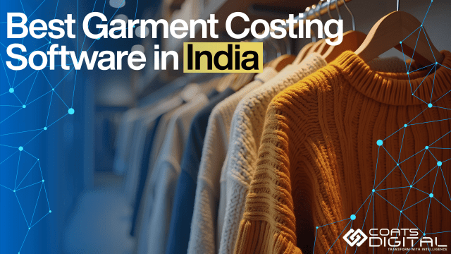 Best garment costing software in India for apparel manufacturers, featuring a clothing rack with sweaters and garments alongside digital technology graphics.