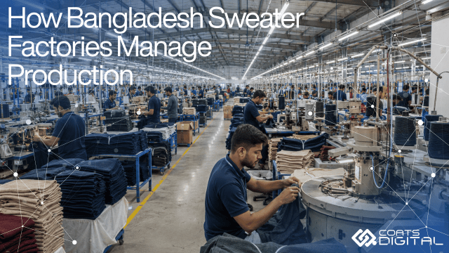 Coats Digital header image titled How Bangladesh Sweater Factories Manage Production, showing factory workers operating knitting and linking machinery on an apparel production floor with a digital network overlay representing smart manufacturing software.