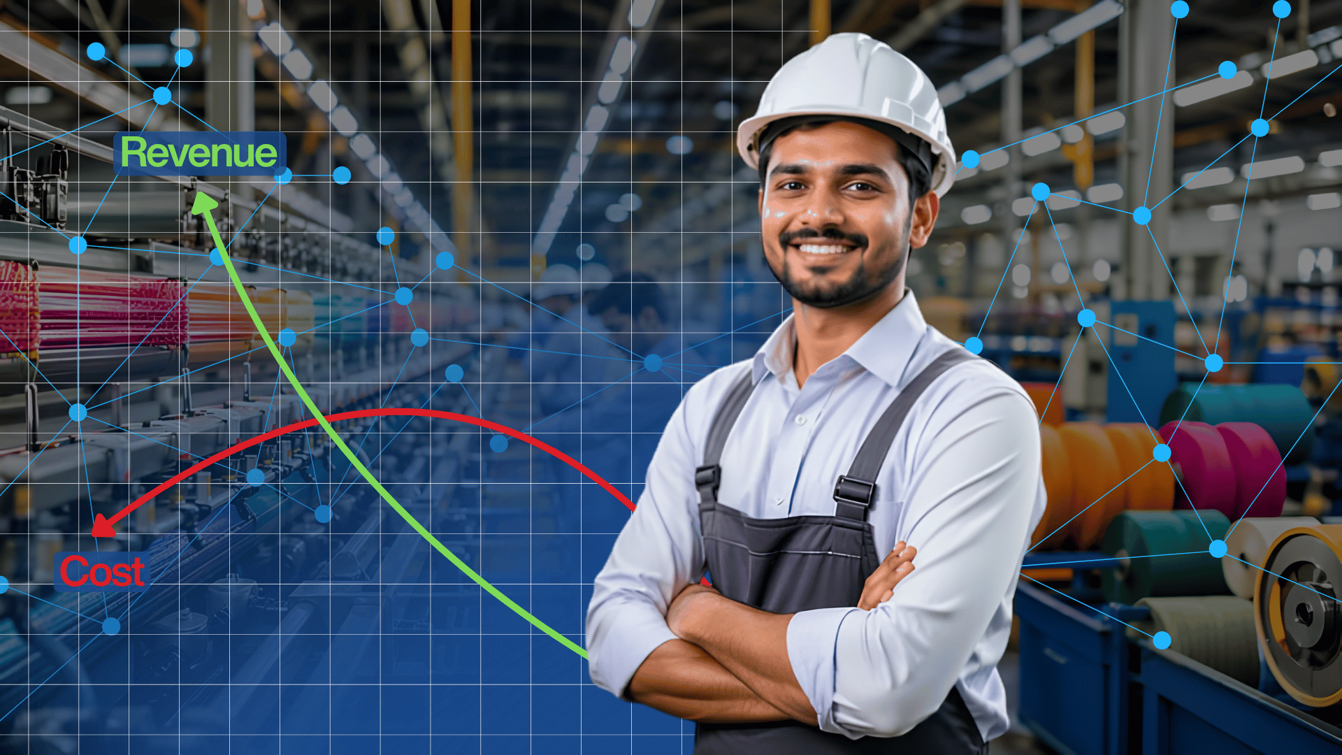 Composite illustration of a smiling textile factory worker in a white hard hat standing in a manufacturing plant. A digital network overlay and financial graph show a rising green Revenue arrow and a falling red Cost arrow, representing digital transformation and production optimization
