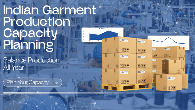 Header graphic titled Indian Garment Production Capacity Planning, subtext Balance Production All Year, a Plan Your Capacity call-to-action button, and stacked cardboard boxes on a wooden pallet inside an apparel manufacturing facility with data charts and network node overlays