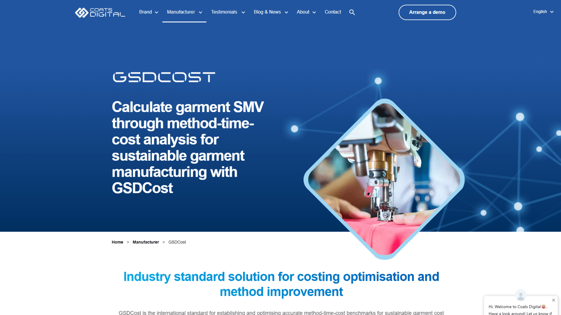 GSDCost webpage showcasing garment SMV calculation and method-time-cost analysis for sustainable apparel manufacturing.