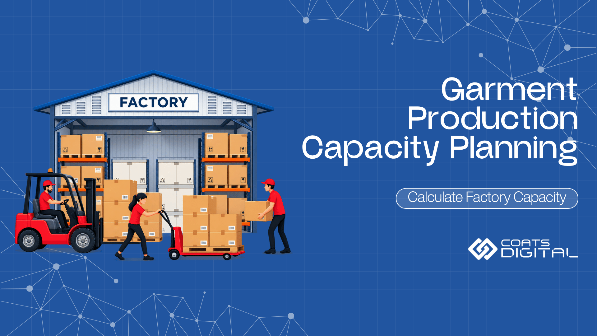 Coats Digital infographic and header graphic featuring the company logo, headline Garment Production Capacity Planning, a Calculate Factory Capacity call-to-action button, and an illustration of a factory warehouse with storage shelves, cardboard boxes, a forklift, and workers loading inventory