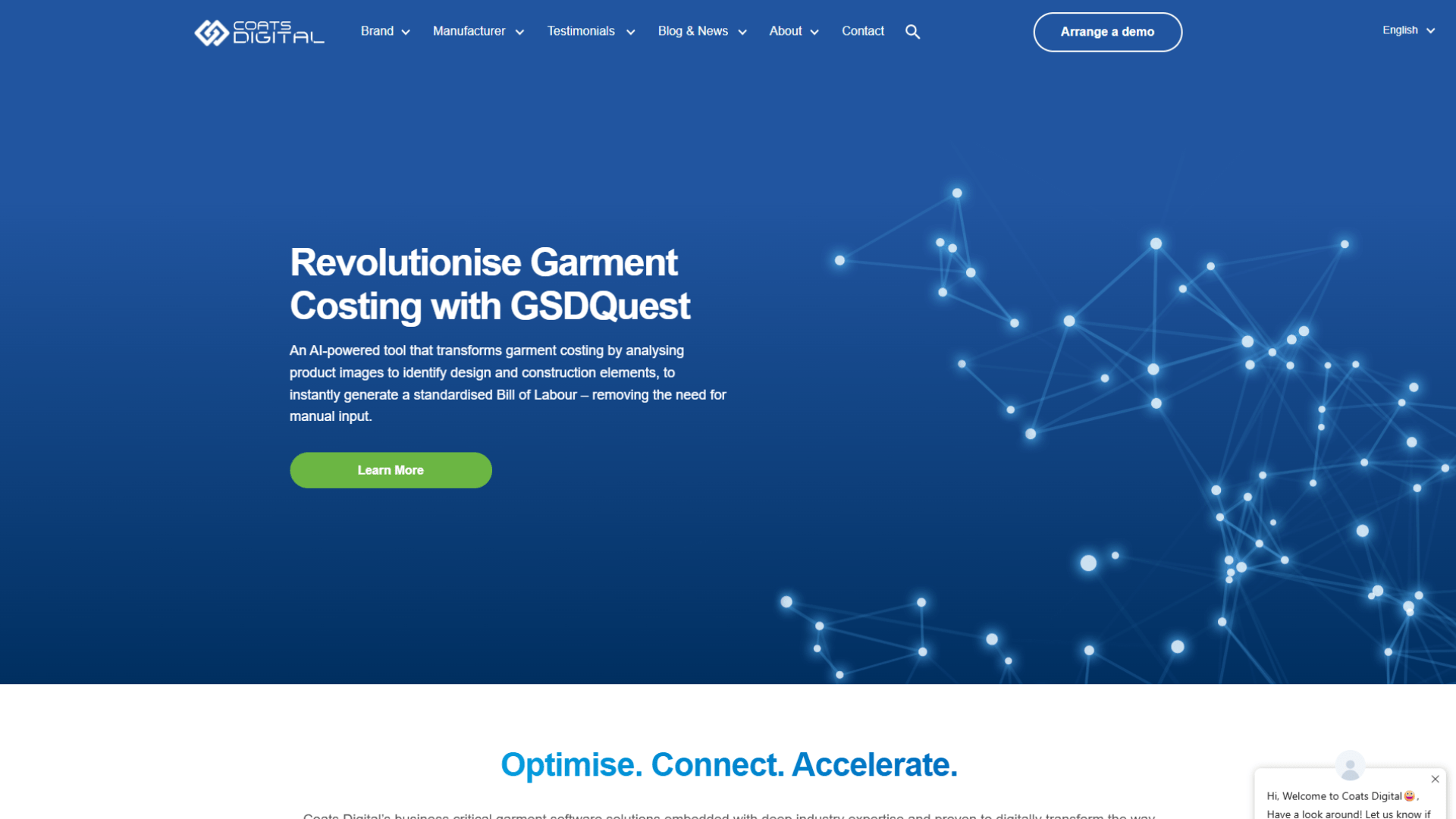 GSDQuest webpage highlighting AI-powered garment costing software with a digital network graphic on a blue background.
