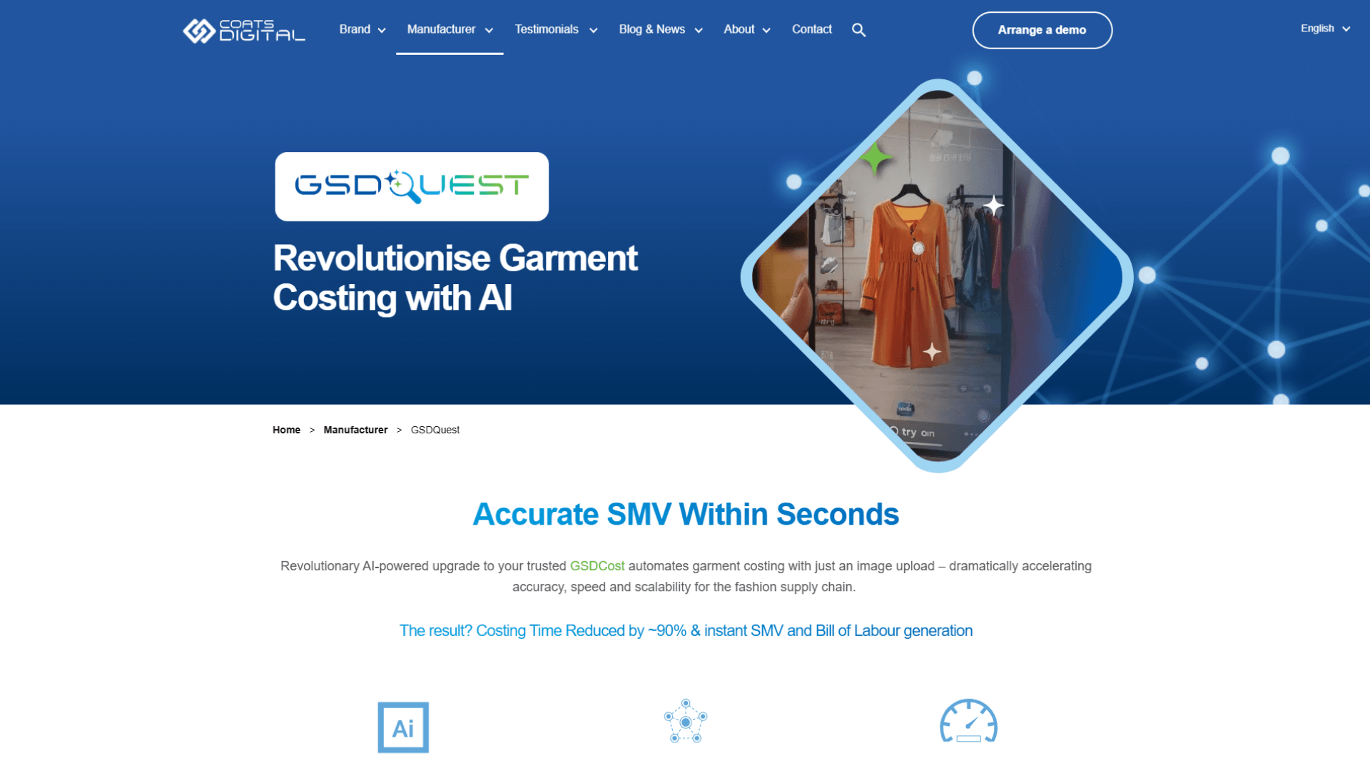 Coats Digital GSDQuest AI garment costing solution - mobile virtual try-on screen showing orange dress