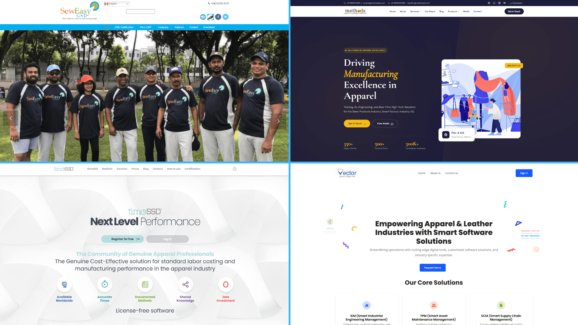 Comparison of four apparel manufacturing software websites for garment costing, SMV management, productivity, and factory performance solutions.