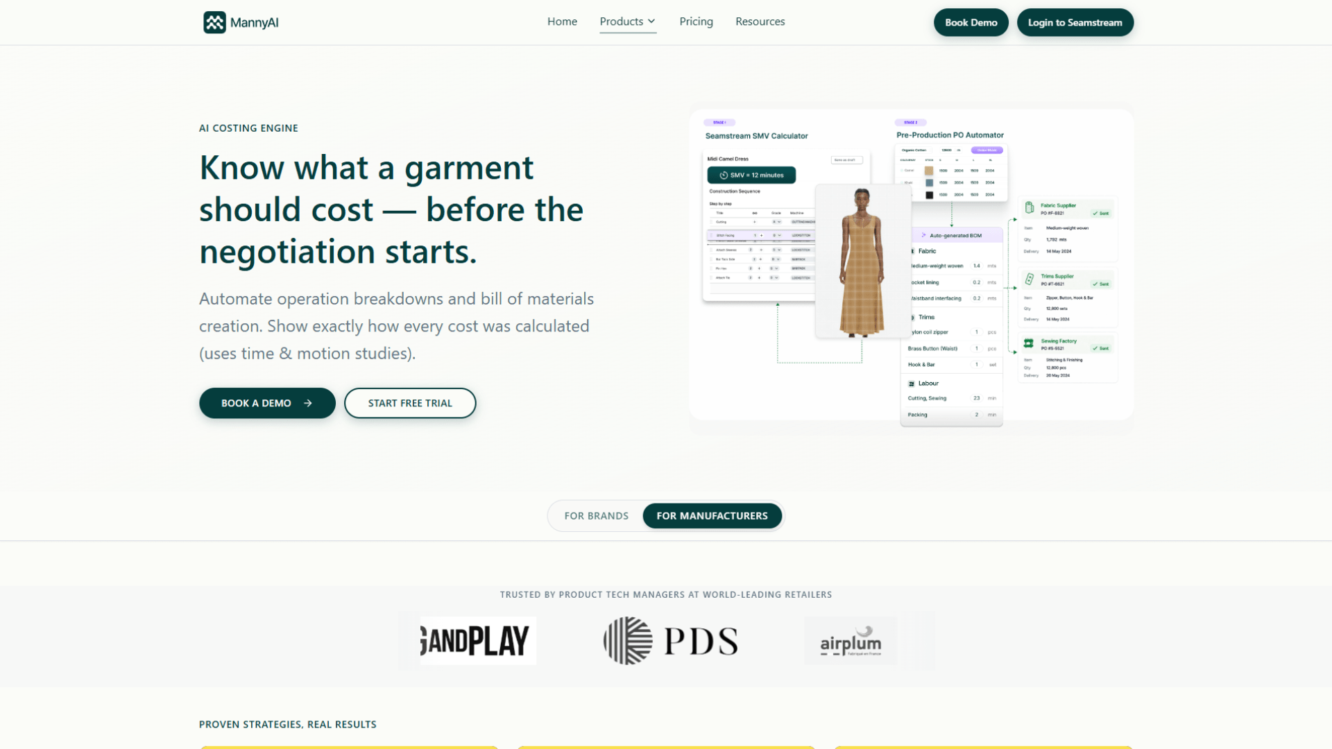 A screen capture of the MannyAI Seamstream website homepage