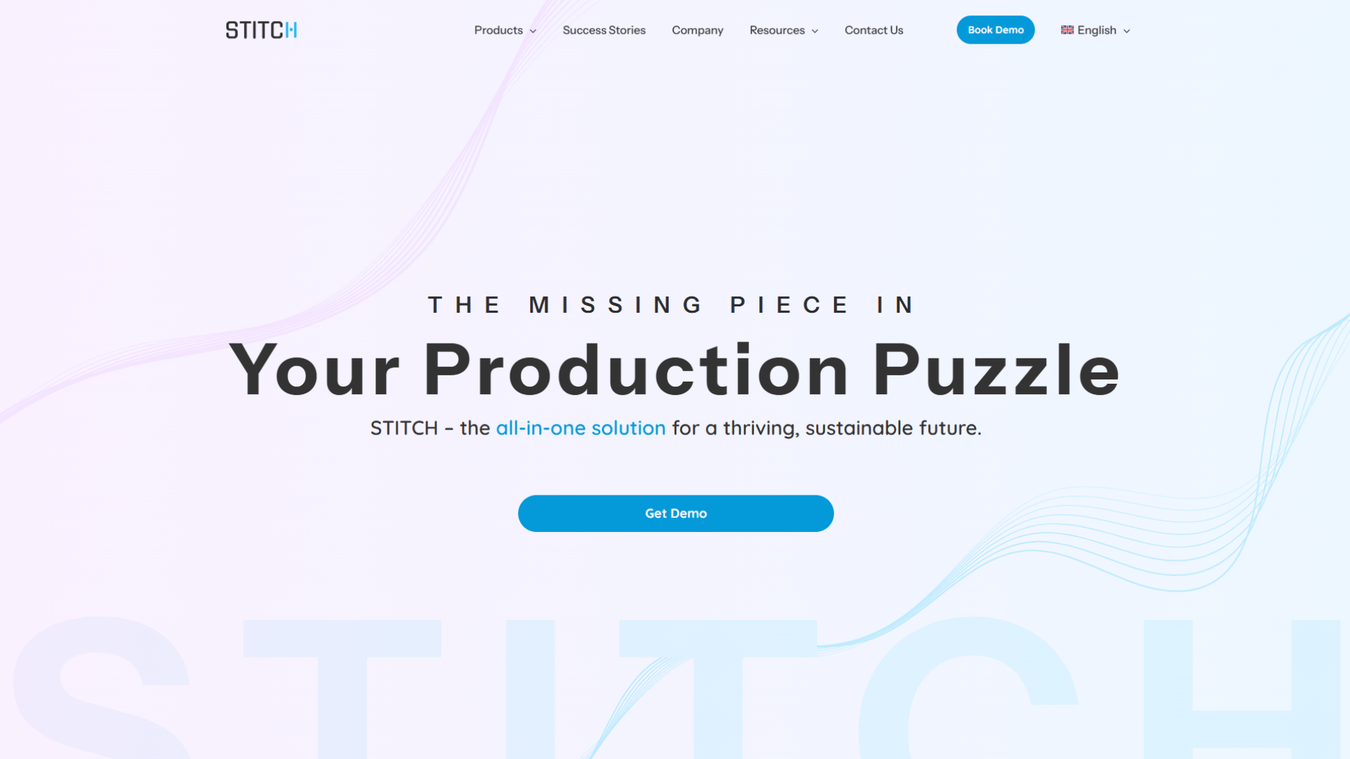 STITCH homepage showcasing an all-in-one apparel production management platform with a clean, modern interface and demo call-to-action.