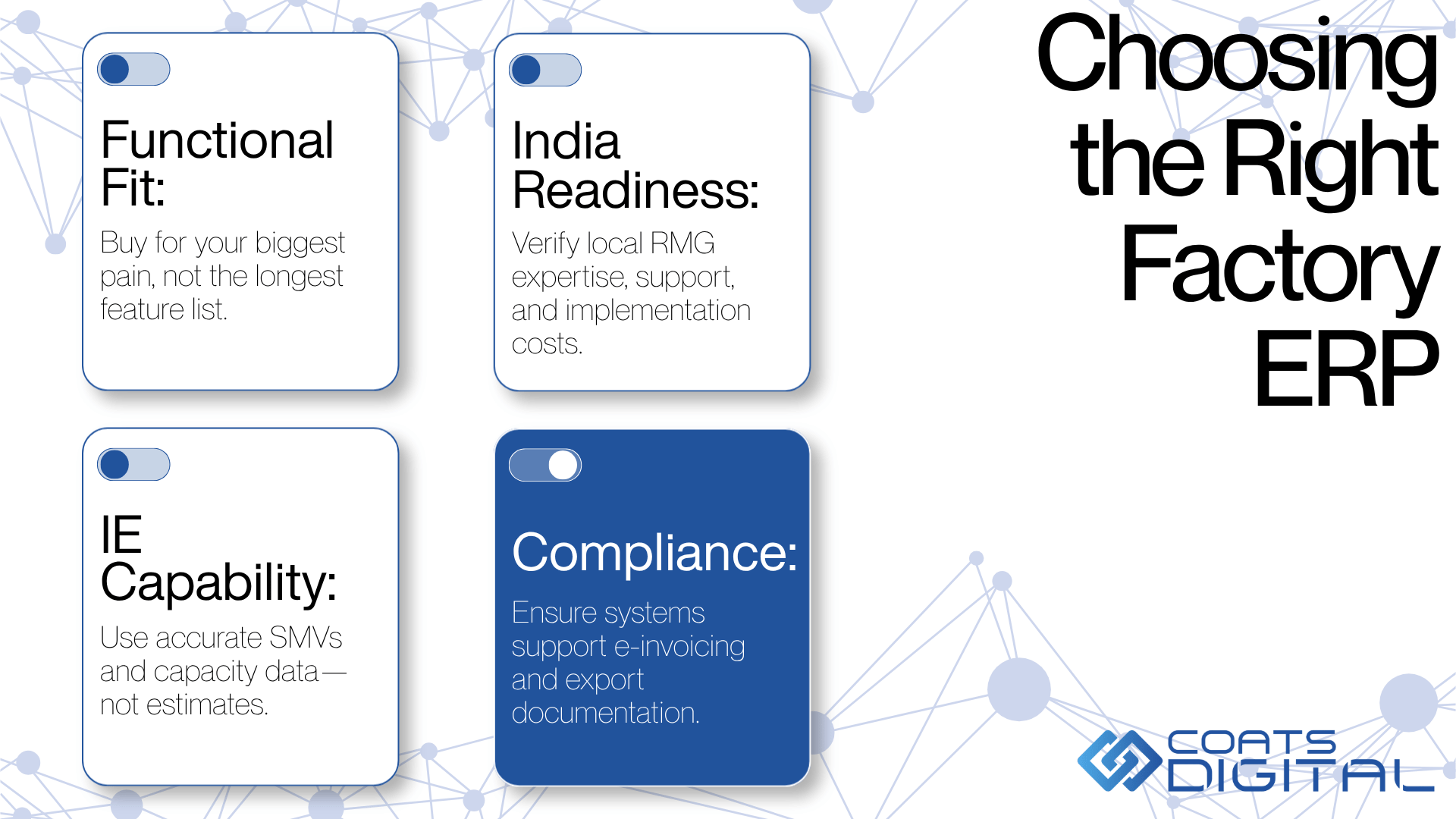 Coats Digital infographic featuring the company logo, headline Choosing the Right Factory ERP, and four evaluation criteria cards: 1. Functional Fit to buy for your biggest pain rather than the longest feature list, 2. India Readiness to verify local RMG expertise, support, and implementation costs, 3. IE Capability to use accurate SMVs and capacity data instead of estimates, and 4. Compliance to ensure systems support e-invoicing and export documentation.