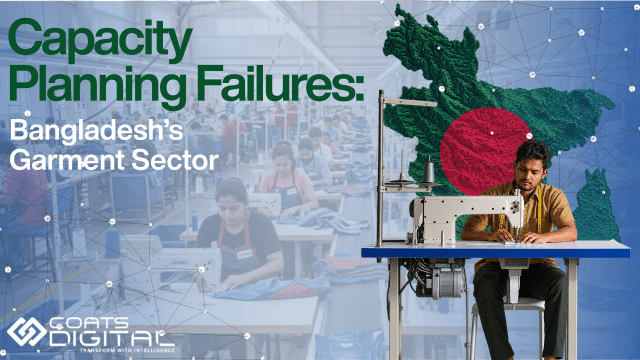 Coats Digital header graphic featuring the Coats Digital logo, headline Capacity Planning Failures, subheading Bangladesh's Garment Sector, a garment factory floor background with workers operating sewing machines, and an overlay of a textured green map of Bangladesh with a red circular badge and network nodes.