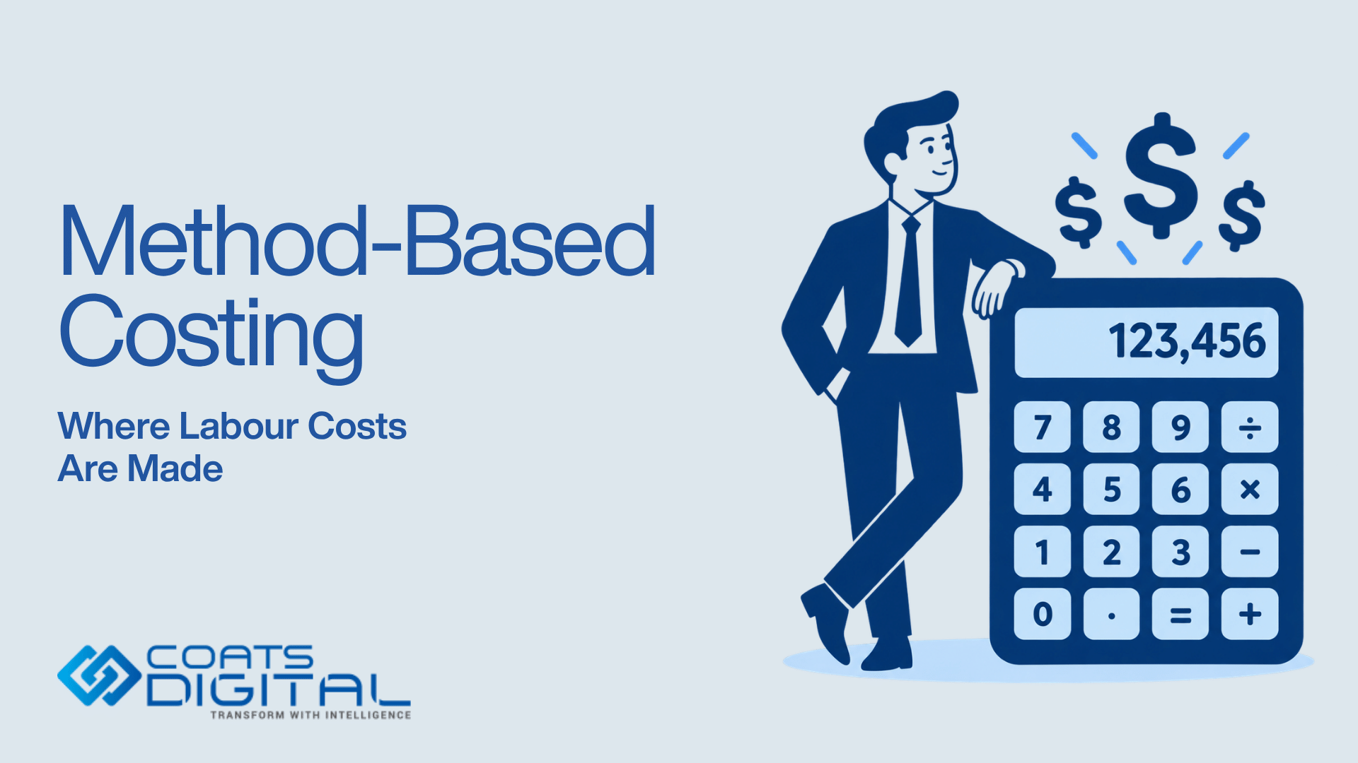 Coats Digital header graphic featuring the Coats Digital logo, headline Method-Based Costing, subheading Where Labour Costs Are Made, and an illustration of a businessman leaning against a giant calculator surrounded by dollar signs.
