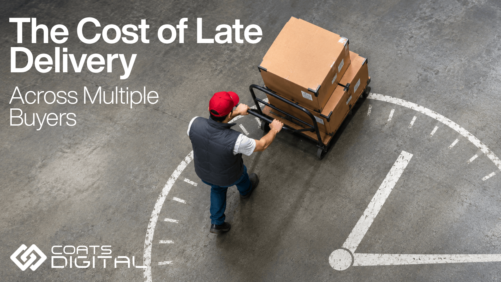 Coats Digital header graphic featuring the company logo, headline The Cost of Late Delivery, and subheading Across Multiple Buyers, set over a high-angle view of a worker in a red cap pushing a hand truck loaded with cardboard boxes across a concrete floor painted with a giant clock face.