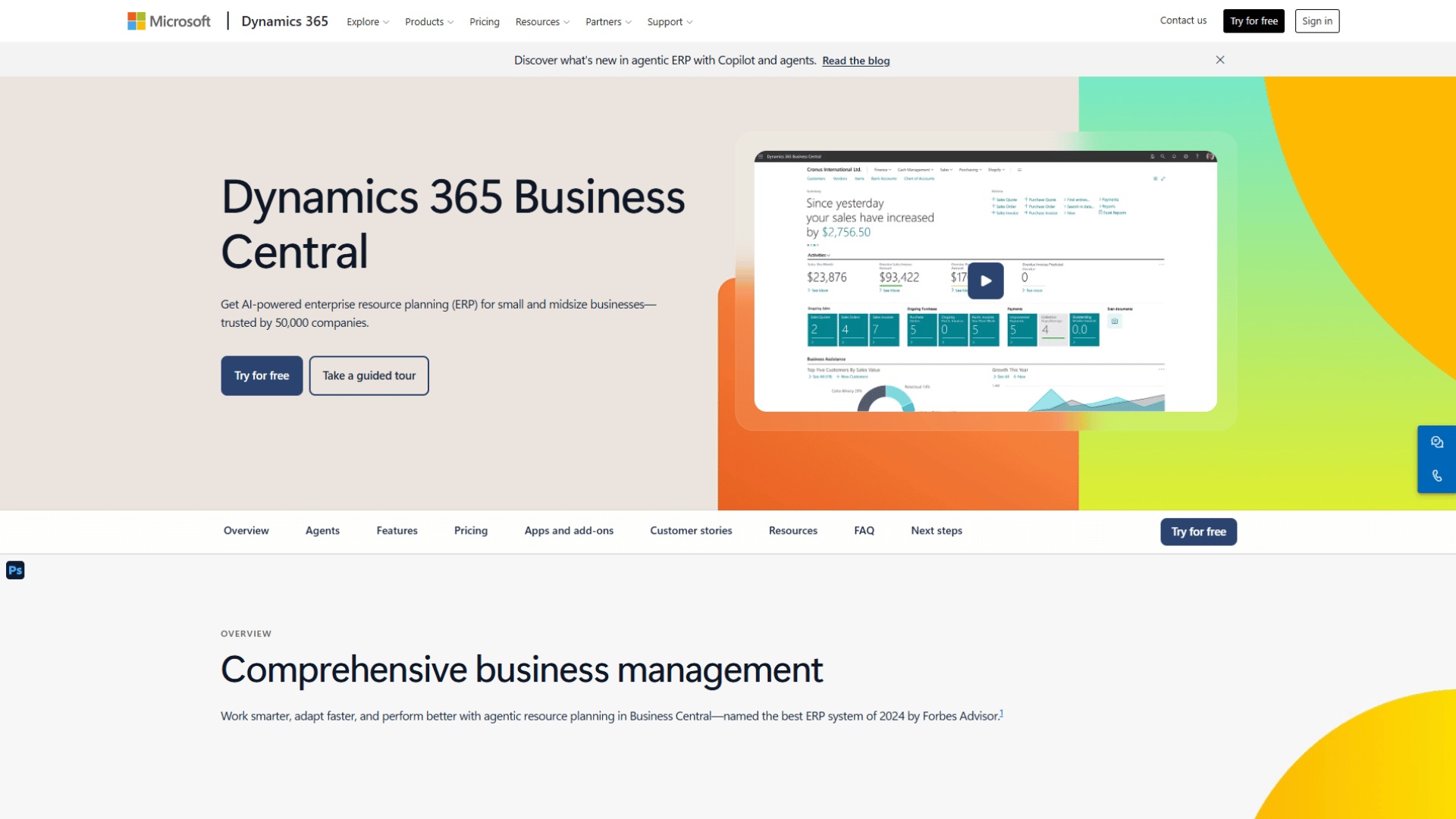 Microsoft Dynamics 365 Business Central website featuring the Microsoft and Dynamics 365 logos, navigation menu, headline Dynamics 365 Business Central, subheading to get AI-powered enterprise resource planning for small and midsize businesses trusted by 50,000 companies, 'Try for free' and 'Take a guided tour' buttons, a software dashboard mockup displaying business analytics, an announcement bar about agentic ERP with Copilot, and an overview section detailing comprehensive business management named the best ERP system of 2024 by Forbes Advisor.