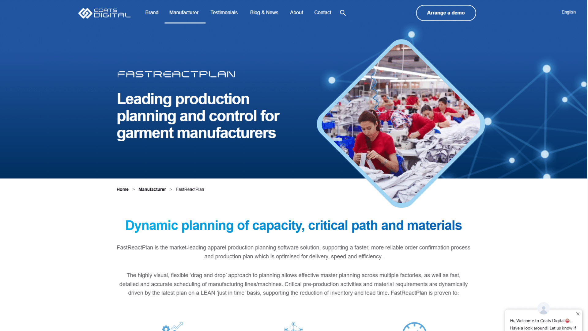 Coats Digital website homepage featuring the Coats Digital logo, top navigation links, headline FastReactPlan Leading production planning and control for garment manufacturers, subheading Dynamic planning of capacity, critical path and materials, and an Arrange a demo button next to a diamond-shaped photo of garment workers.